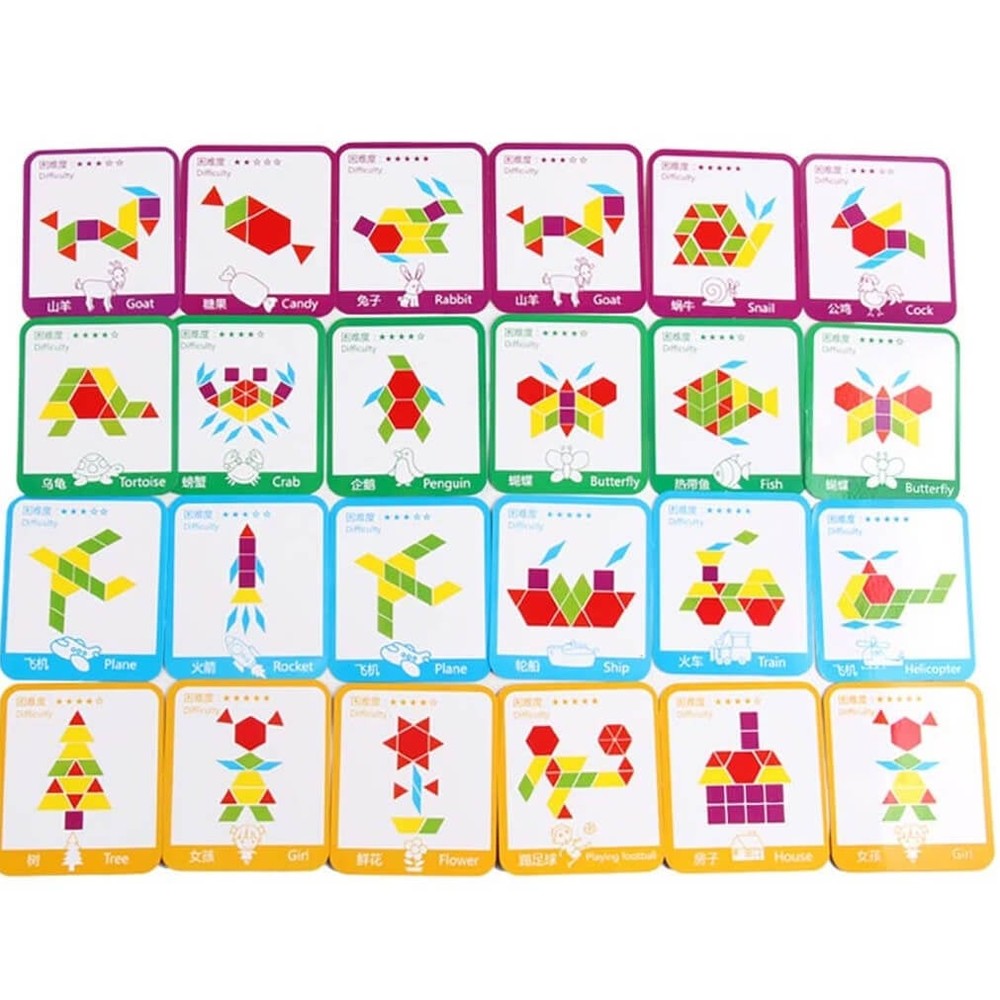 Joc Tangram din lemn, 155 piese geometrice, 24 cartonașe, sac depozitare piese, puzzle 4