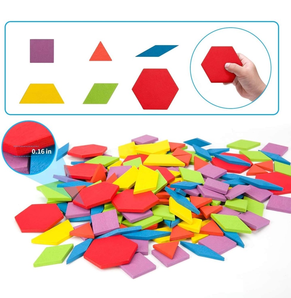 Joc Tangram din lemn, 155 piese geometrice, 24 cartonașe, sac depozitare piese, puzzle 5