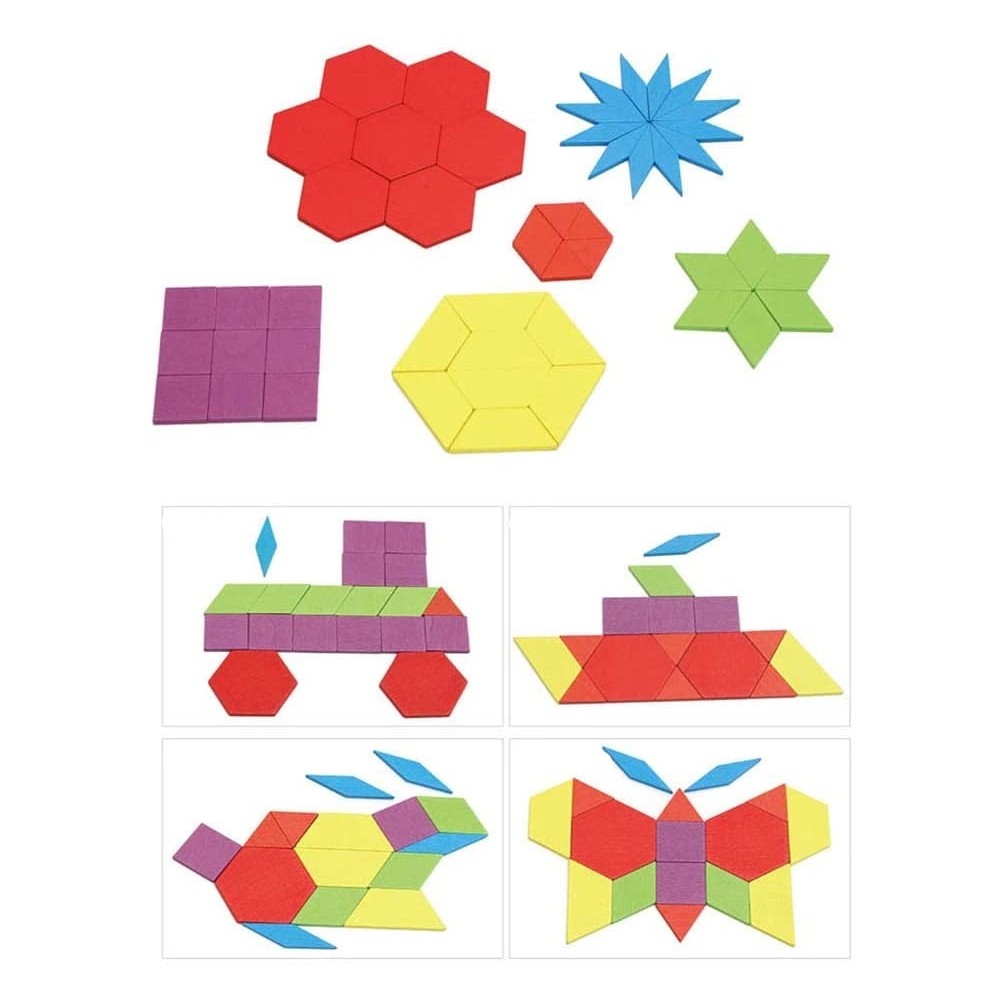 Joc Tangram din lemn, 155 piese geometrice, 24 cartonașe, sac depozitare piese, puzzle 6
