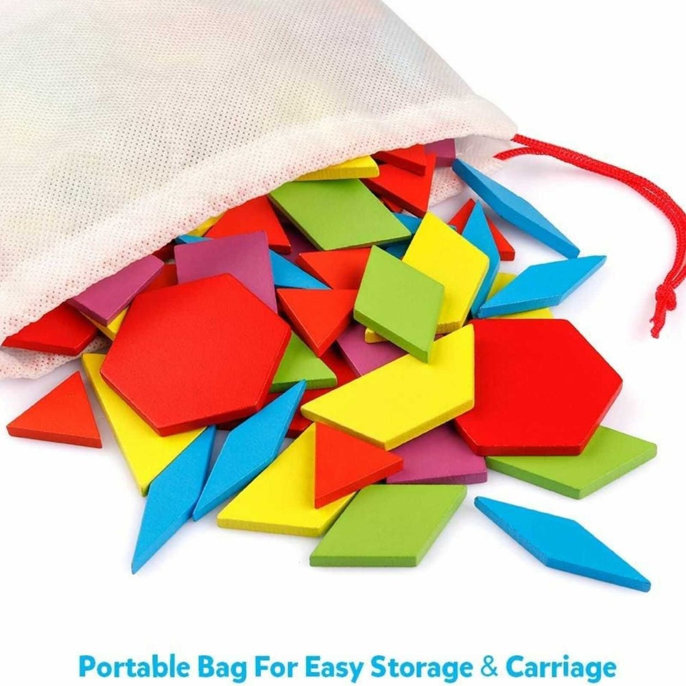 Joc Tangram din lemn, 155 piese geometrice, 24 cartonașe, sac depozitare piese, puzzle 7