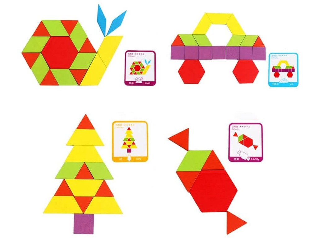 Joc Tangram din lemn, 155 piese geometrice, 24 cartonașe, sac depozitare piese, puzzle