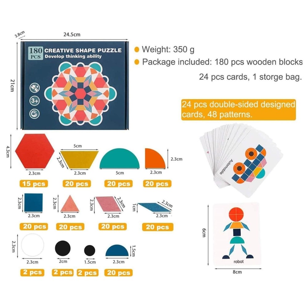 Joc Tangram din lemn, joc educativ cu 180 piese 9