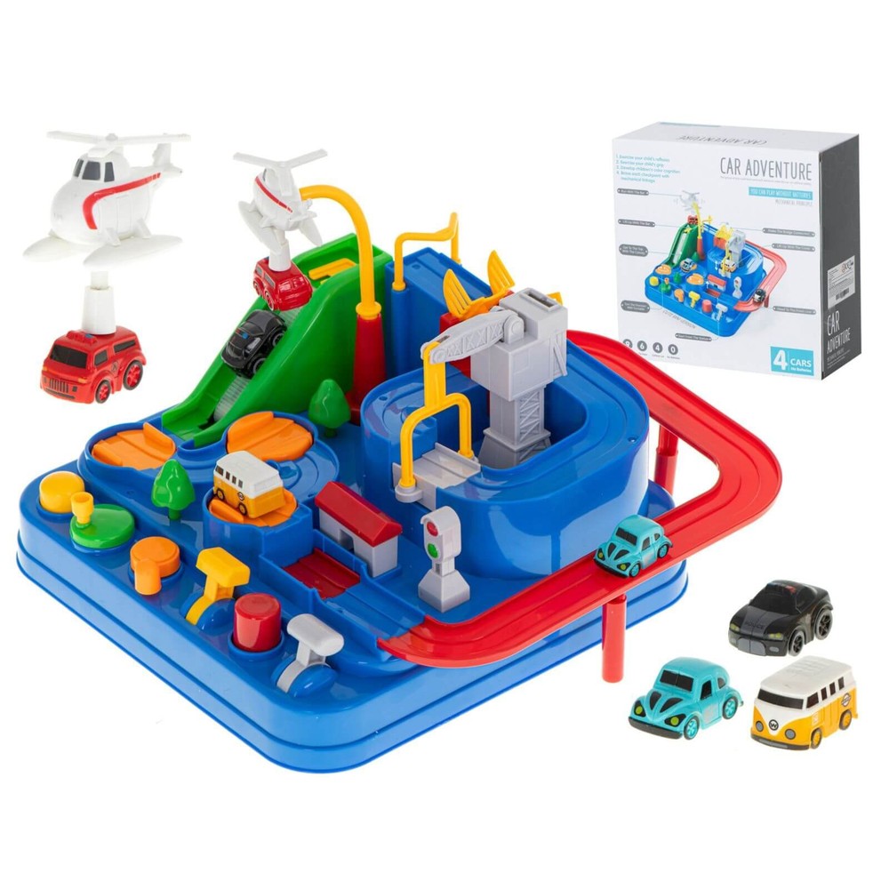 Jucărie Circuit de Curse cu Butoane, Mașinuțe Incluse, Elicopter, Pod Mobil, Macara, 3 ani+ 2