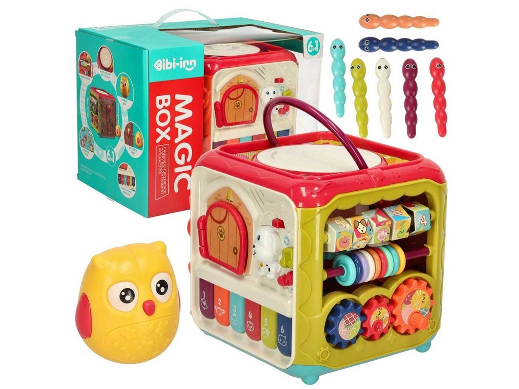 Jucărie Cub interactiv și Centru de Activități Bebeluși, 6 în 1, Sortare Forme Geometrice, Joc Magnetic de Pescuit Hrănește Ciocănitoarea, Pian și Muzică