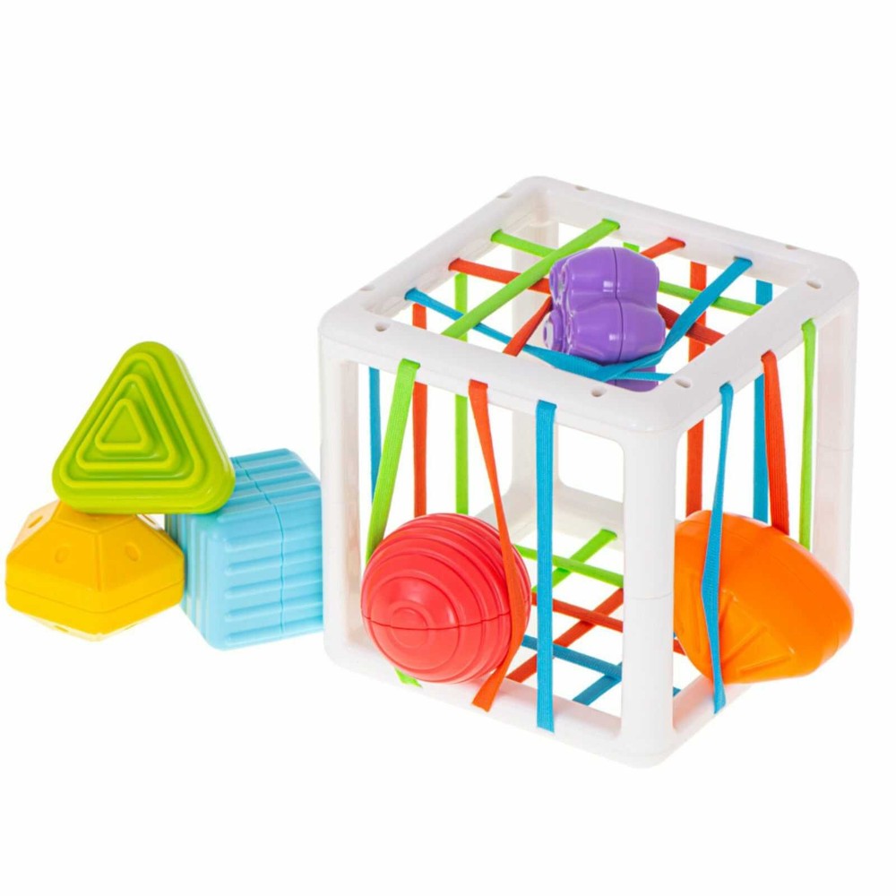 Jucărie Cub Senzorial Montessori cu Forme și Benzi Elastice, Puzzle Educativ, 7 Piese, 12 luni+ 5