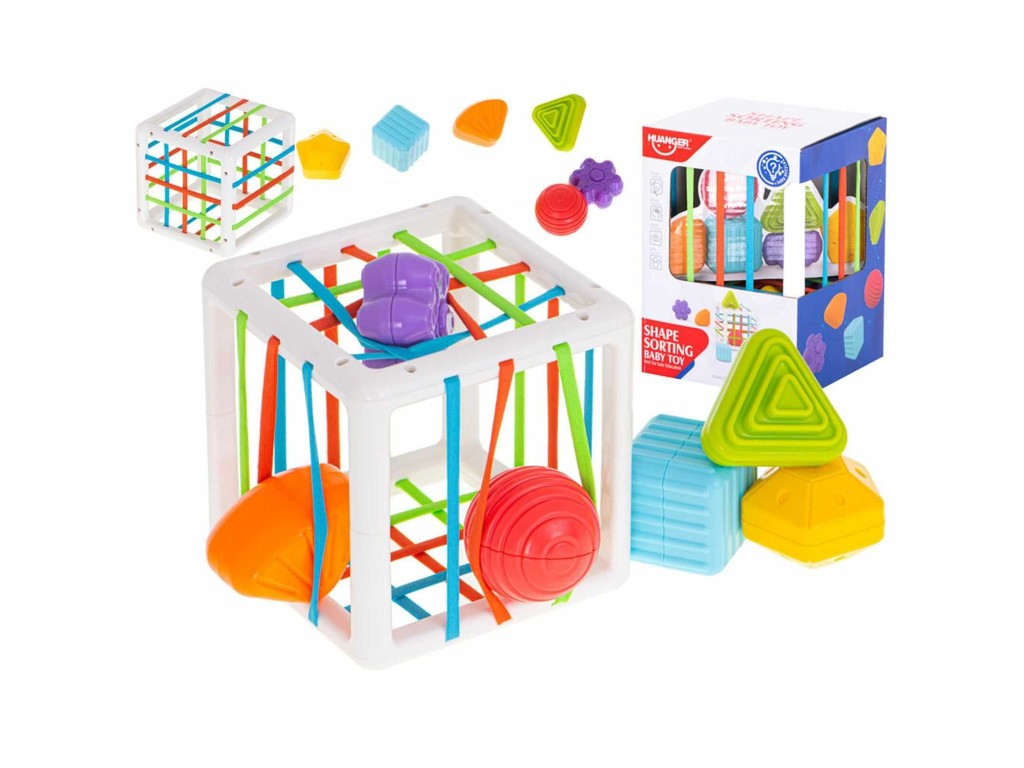 Jucărie Cub Senzorial Montessori cu Forme și Benzi Elastice, Puzzle Educativ, 7 Piese, 12 luni+