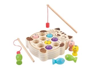 Jucărie de Pescuit din Lemn cu Undițe și Peștișori, Joc de Îndemânare în formă de Pisicuță, 17 x 15 x 4 cm