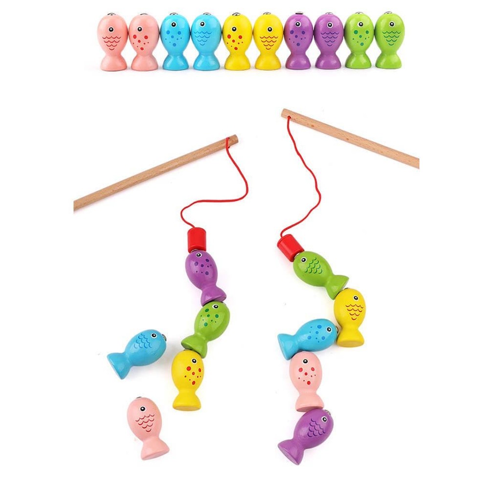 Jucărie de Pescuit din Lemn cu Undițe și Peștișori, Joc de Îndemânare în formă de Pisicuță, 17 x 15 x 4 cm 4