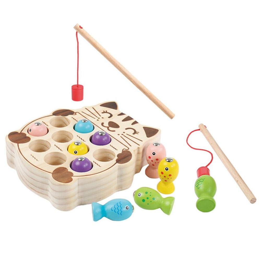 Jucărie de Pescuit din Lemn cu Undițe și Peștișori, Joc de Îndemânare în formă de Pisicuță, 17 x 15 x 4 cm 5