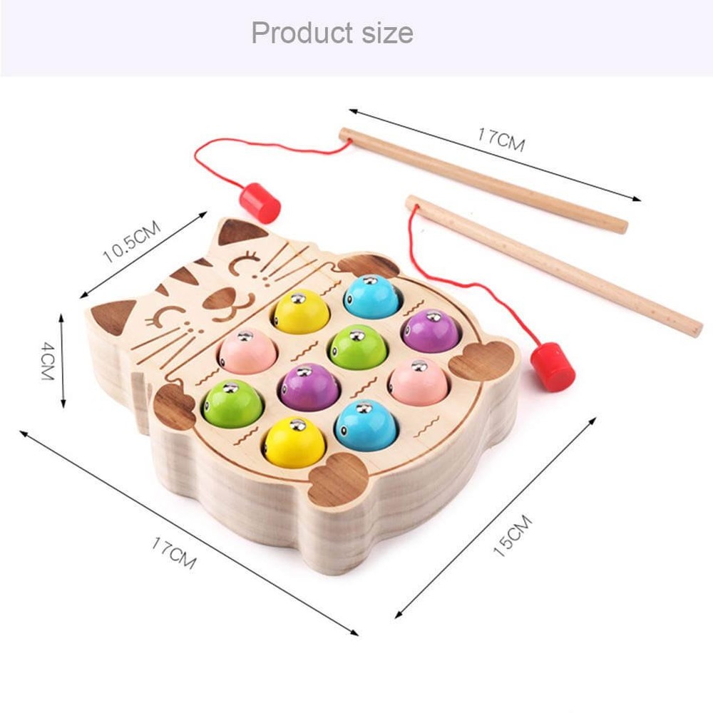 Jucărie de Pescuit din Lemn cu Undițe și Peștișori, Joc de Îndemânare în formă de Pisicuță, 17 x 15 x 4 cm 6