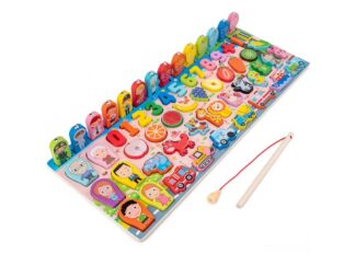 Jucărie educativă din lemn 6 în 1, Placă logaritmică cu pescuit magnetic, cifre, animale, vehicule