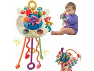 Jucărie senzorială Montessori, Caracatiță Veselă, pentru Motricitate și Dentiție, cu Șnur Silicon, Multicoloră