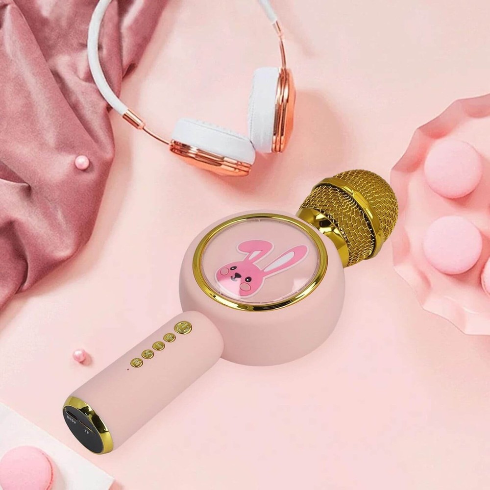 Microfon Karaoke Wireless cu Bluetooth, Model Iepuraș, Efecte voce, Boxă Inclusă, Recorder, RGB, Roz 3