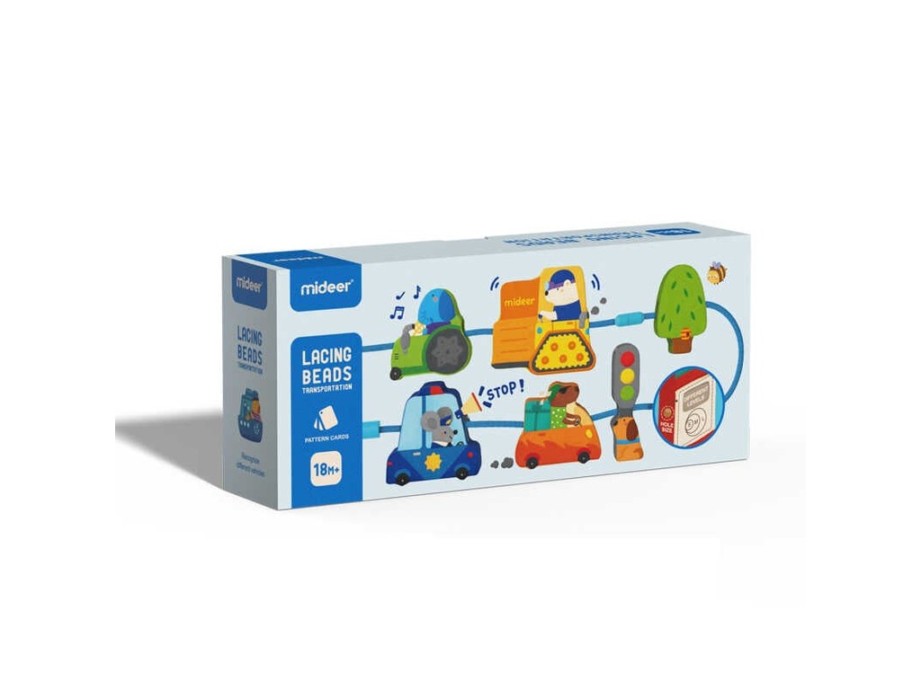 Mijloace de transport cu șiret, joc de înșiruit pentru dezvoltarea motricității