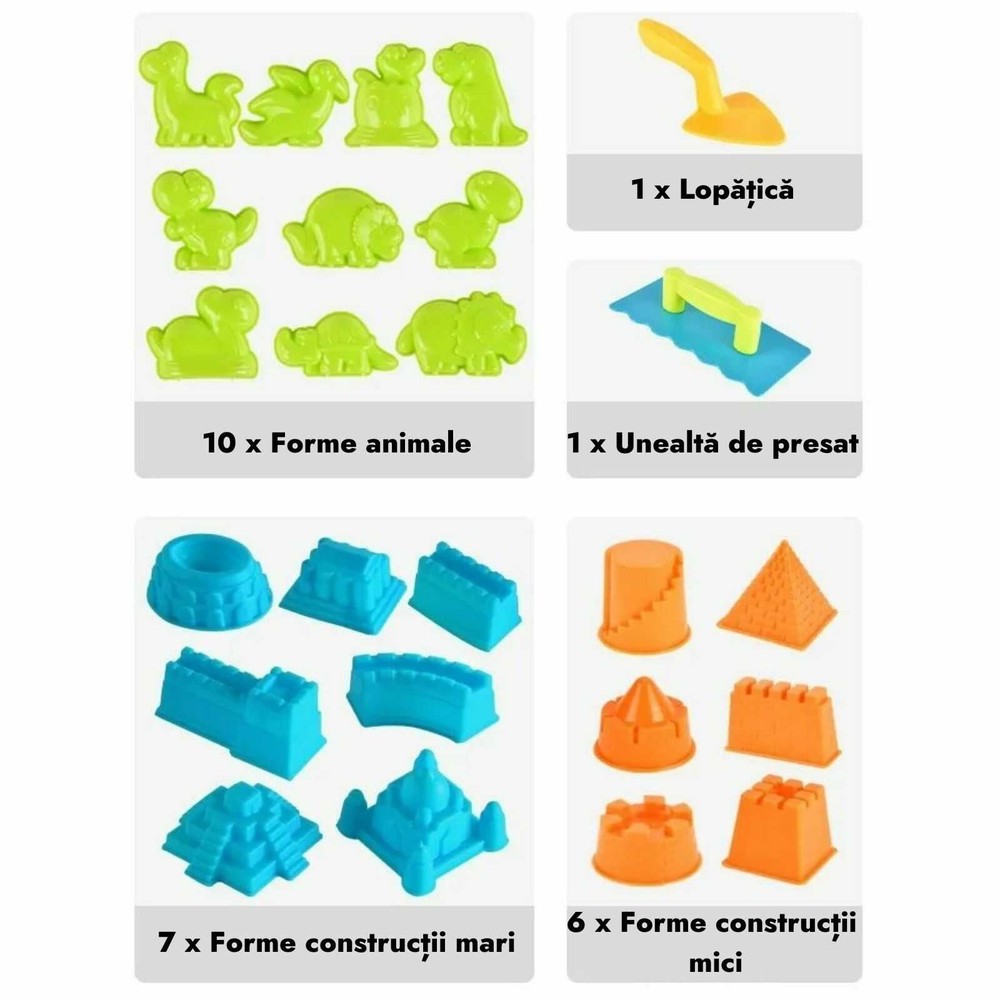 Nisip Kinetic Magic, Set Joacă cu Forme de Modelaj, 2 Kg Nisip Hidrofob, 25 de Accesorii, Magic Sand Play 6