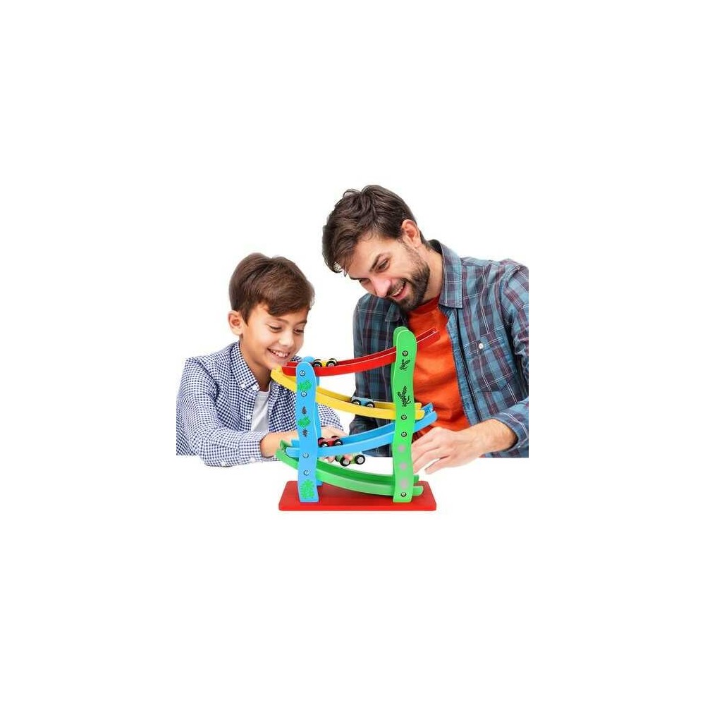 Pistă, circuit cu 4 mașini și rampă etajată, jucărie din lemn 2