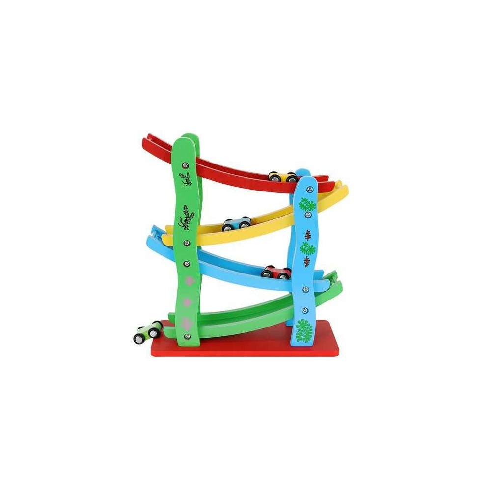 Pistă, circuit cu 4 mașini și rampă etajată, jucărie din lemn 4