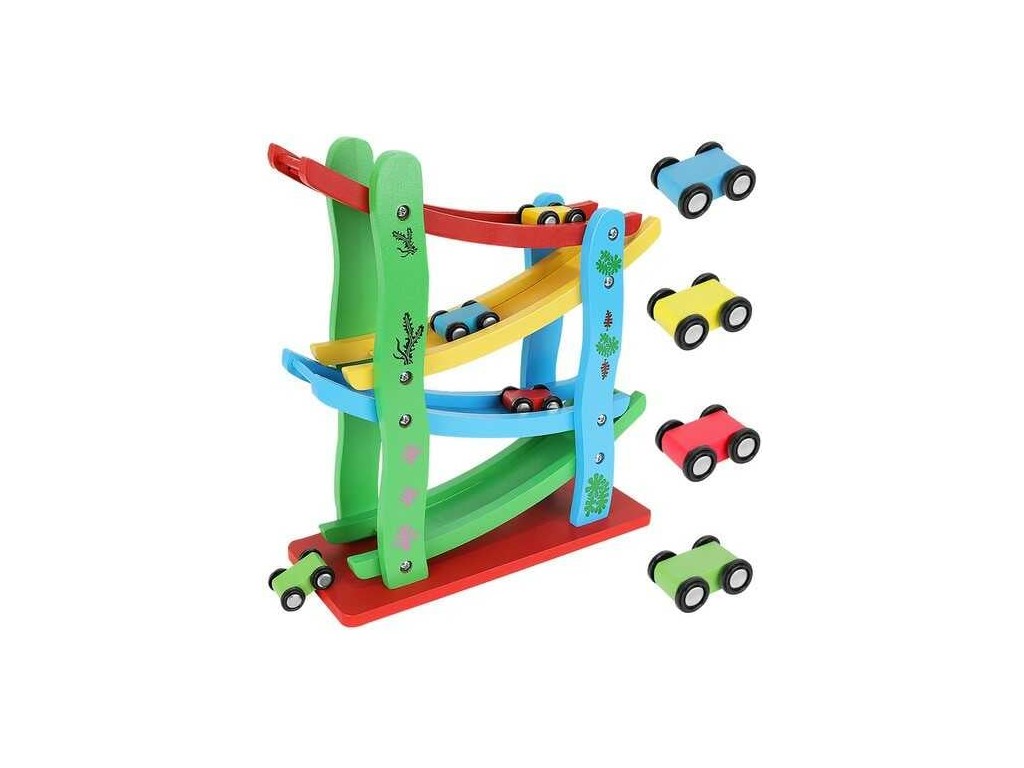 Pistă, circuit cu 4 mașini și rampă etajată, jucărie din lemn