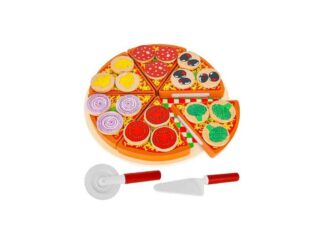 Pizza din lemn, set cu feliator, spatulă și tavă, 6 felii pizza și toppinguri, joc de rol