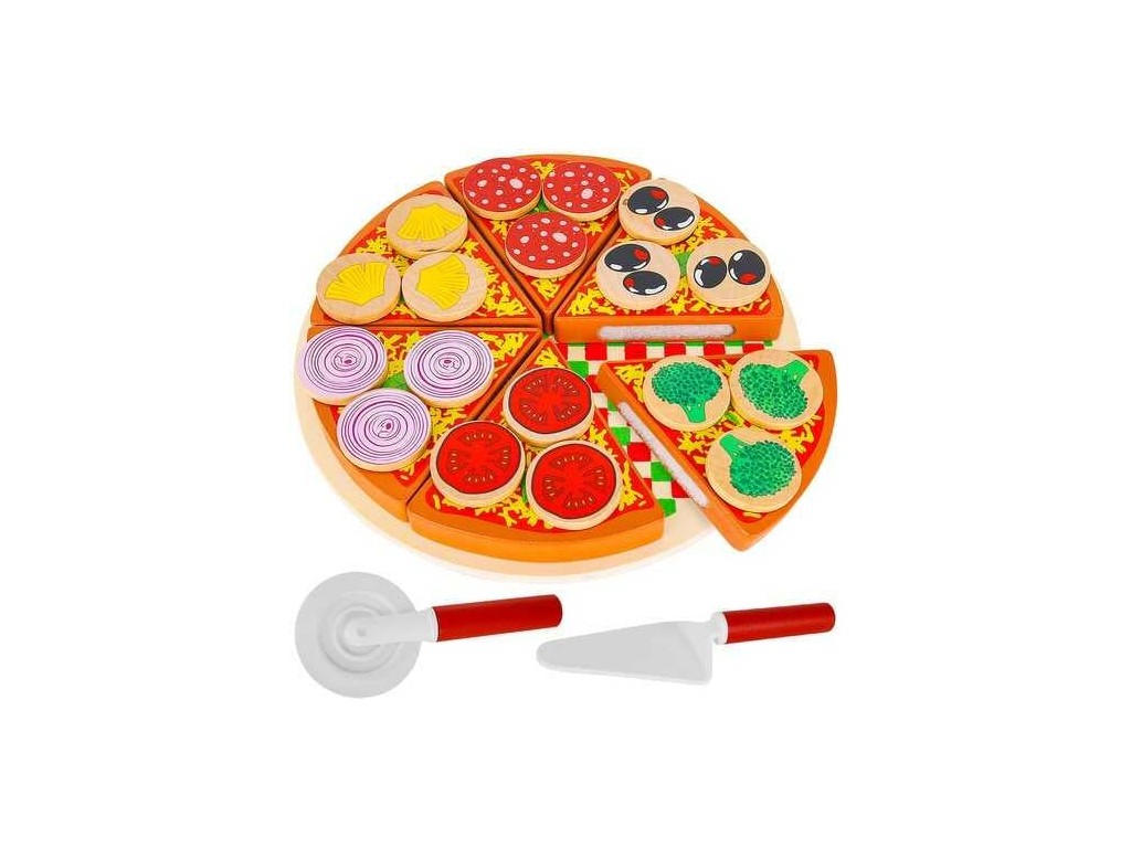 Pizza din lemn, set cu feliator, spatulă și tavă, 6 felii pizza și toppinguri, joc de rol