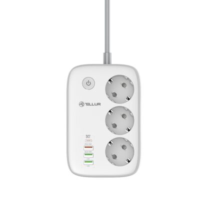 Prelungitor WiFi Tellur Smart, 3 porturi, PD30W, QC18W, 2xUSB 2.4A, 2500W, 10A, 2m 2