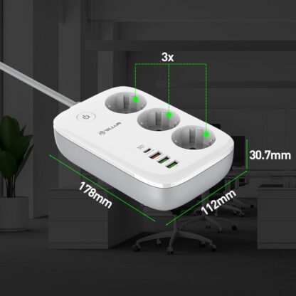 Prelungitor WiFi Tellur Smart, 3 porturi, PD30W, QC18W, 2xUSB 2.4A, 2500W, 10A, 2m 9