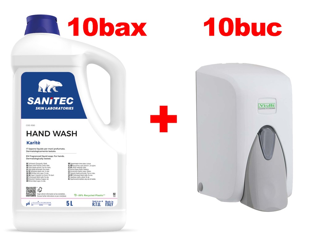 Promo SANITEC: 10 baxuri Săpun lichid 5000 ml PH neutru Sanitec + 10 x Dozator săpun lichid 500 ml GRATUIT
