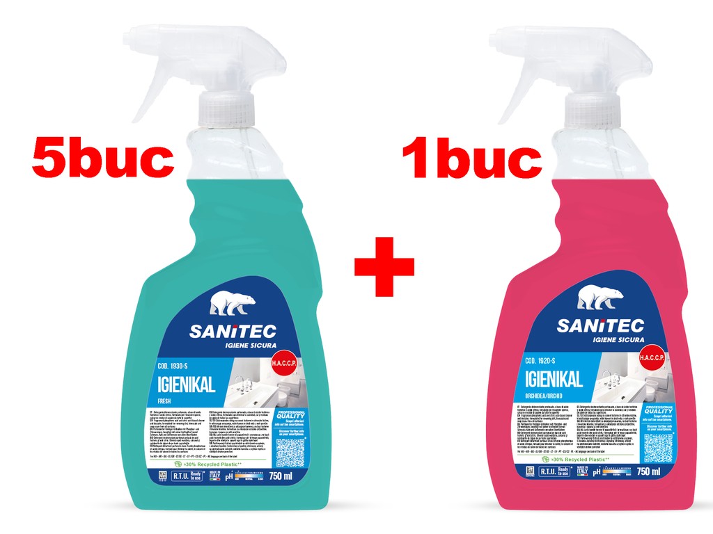 Promo SANITEC: 5 buc Soluție anticalcar cu pulverizator 750 ml Igienikal Sanitec + 1 buc Detergent detartrant parfumat 750 ml Igienikal Sanitec GRATUIT