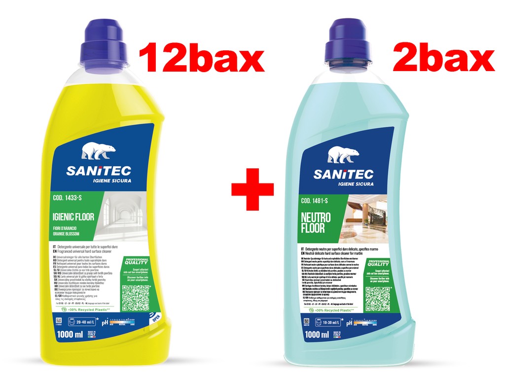 Promo SANITEC: 12 baxuri Detergent pardoseli 1000 ml Igienic Sanitec, portocală + 2 baxuri Detergent pardoseli delicate 1000 ml Neutro Floor Sanitec GRATUIT