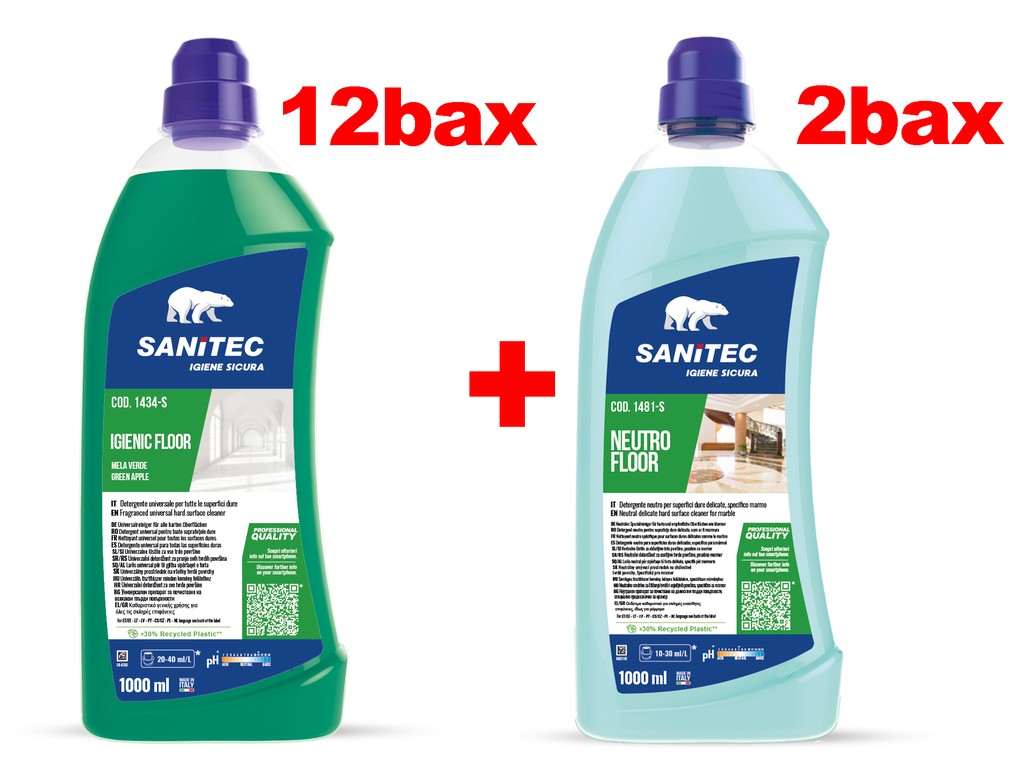 Promo SANITEC: 12 baxuri Detergent pardoseli 1000 ml Igienic Sanitec, măr + 2 baxuri Detergent pardoseli delicate 1000 ml Neutro Floor Sanitec GRATUIT