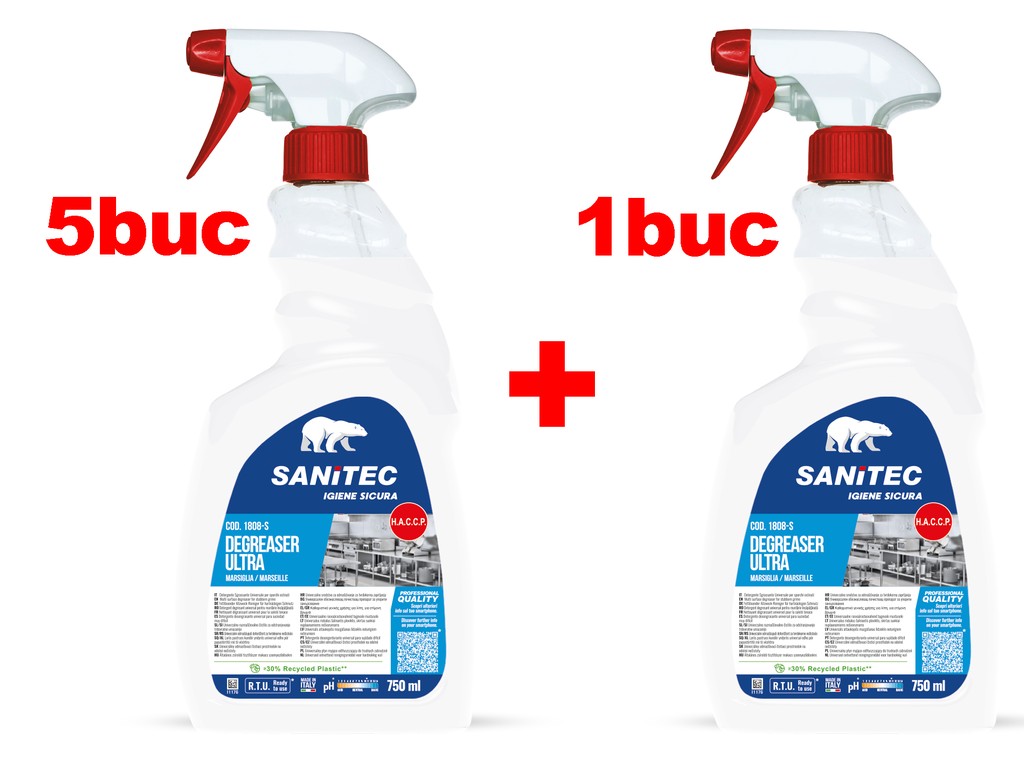 Promo SANITEC: 5 buc Soluție curățat suprafețe bucătărie cu pulverizator 750 ml Sgrassatore ultra Sanitec, marsilia + 1 buc GRATUIT