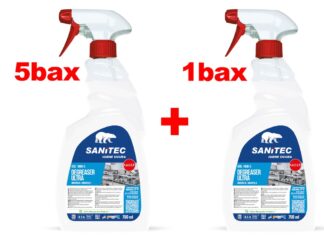 Promo SANITEC: 5 baxuri Soluție curățat suprafețe bucătărie cu pulverizator 750 ml Sgrassatore ultra Sanitec, marsilia + 1 bax GRATUIT