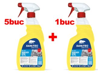 Promo SANITEC: 5 buc Soluție curățat suprafețe bucătărie cu pulverizator 750 ml Sgrassatore ultra Sanitec, lămâie + 1 buc GRATUIT