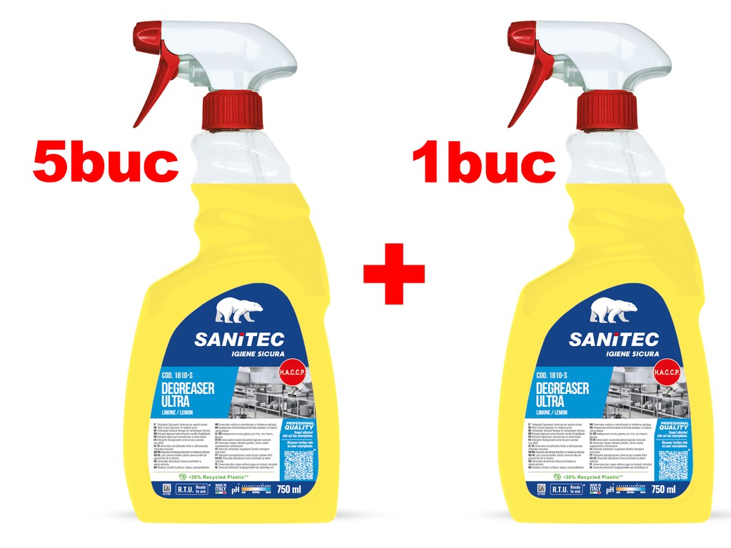 Promo SANITEC: 5 buc Soluție curățat suprafețe bucătărie cu pulverizator 750 ml Sgrassatore ultra Sanitec, lămâie + 1 buc GRATUIT