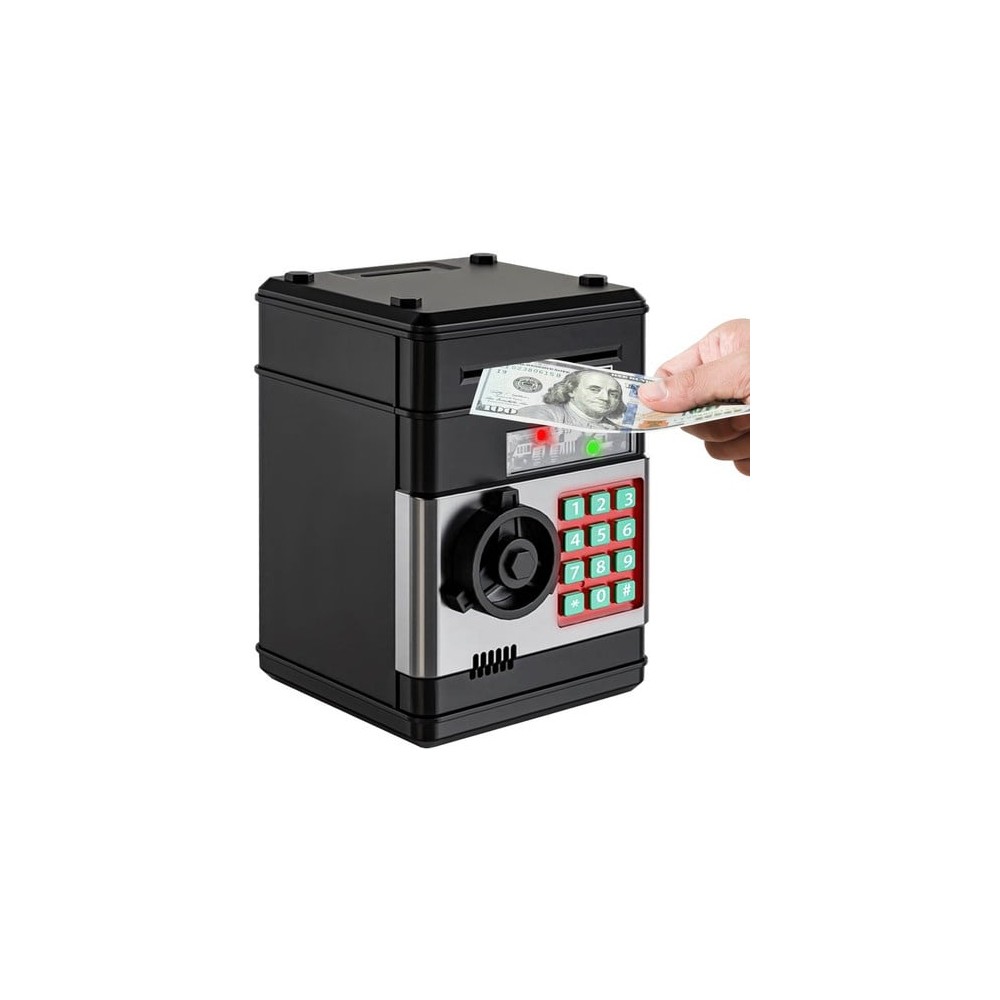 Pușculiță Bani, pentru Copii, Tip Seif, Deschidere cu Cod PIN, Sunete și Lumină, 19.5 x 13 x 12 cm, Negru, Plastic 4
