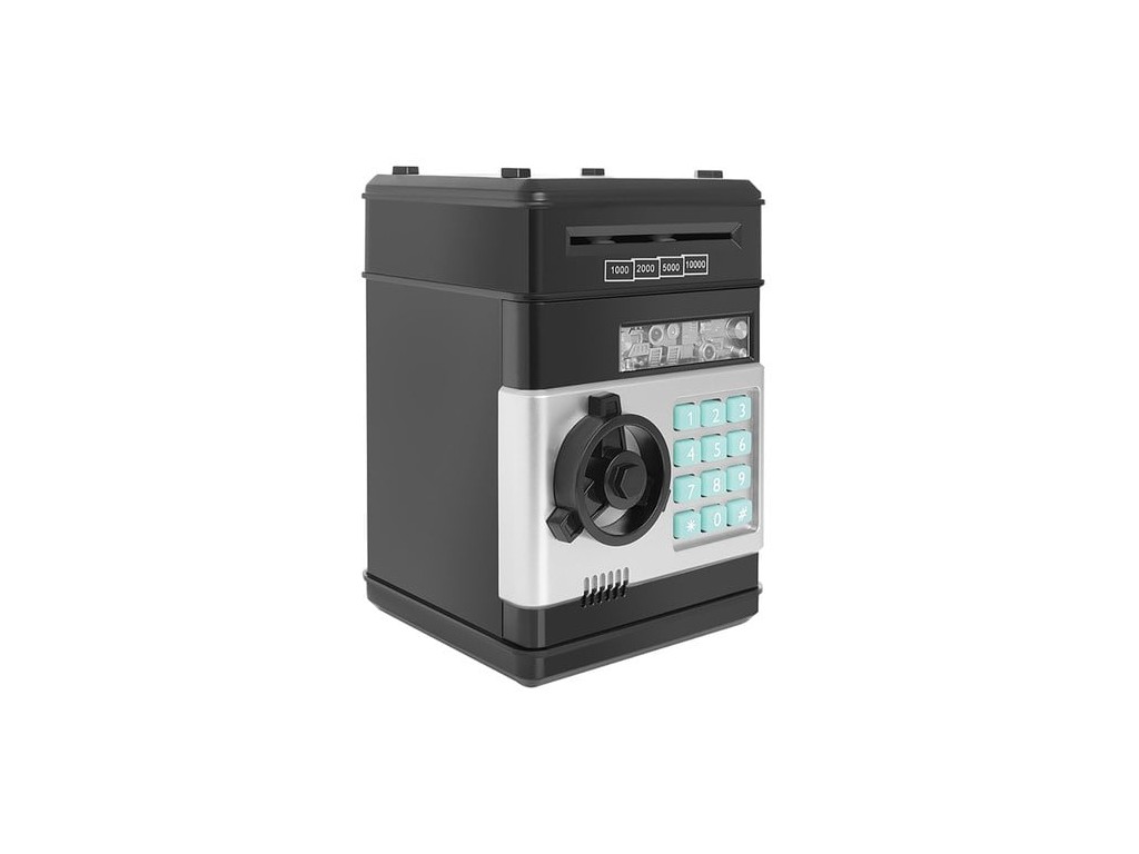 Pușculiță Bani, pentru Copii, Tip Seif, Deschidere cu Cod PIN, Sunete și Lumină, 19.5 x 13 x 12 cm, Negru, Plastic