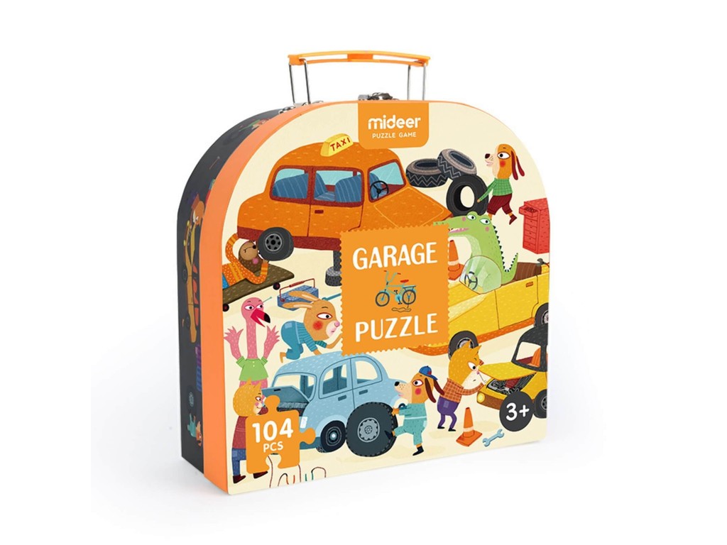 Puzzle în Valiză cu Mâner, Garajul cu Mașini și Animale, 104 piese