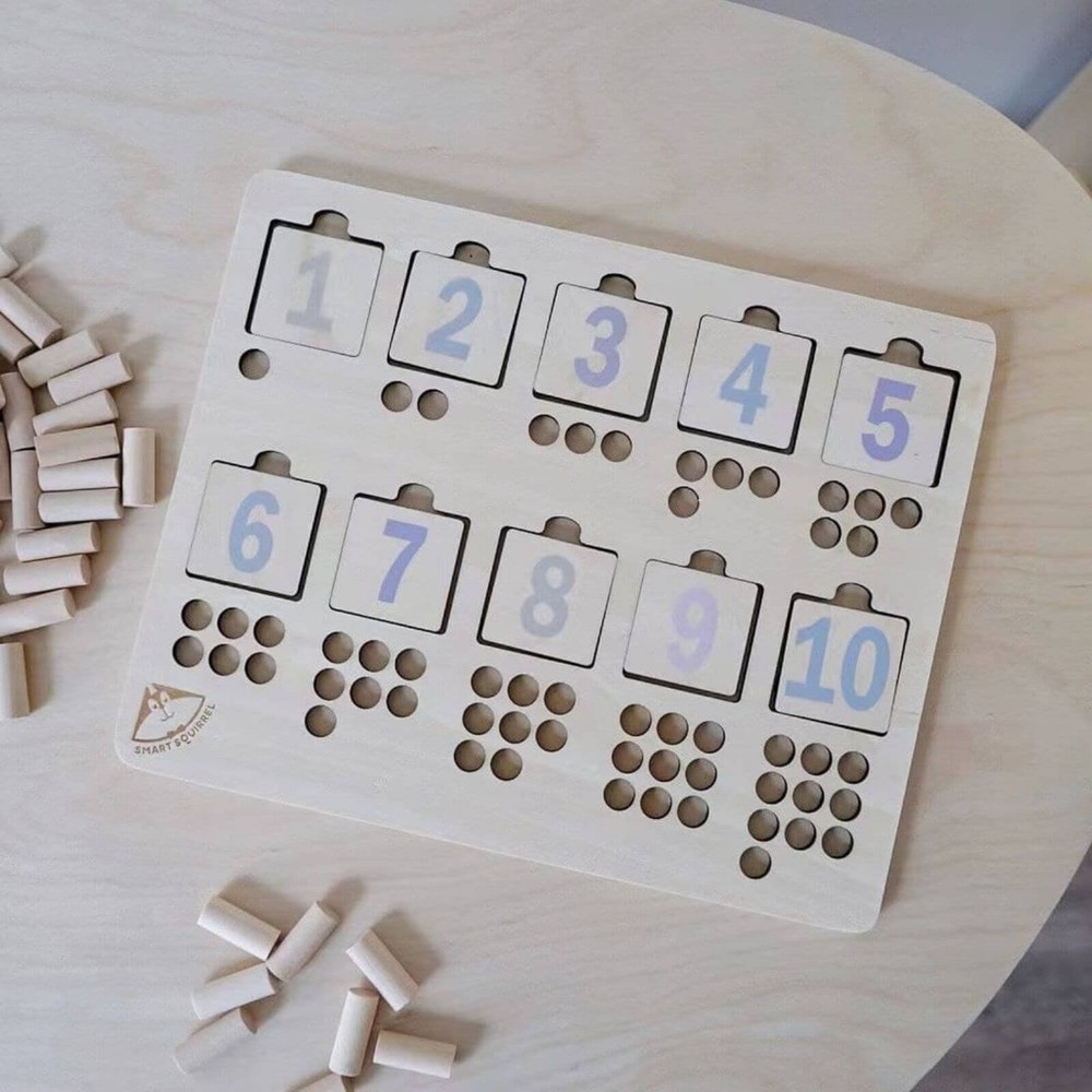 Puzzle Încastru din lemn cu cifre și reprezentări cu pini, Joc de asociere 4