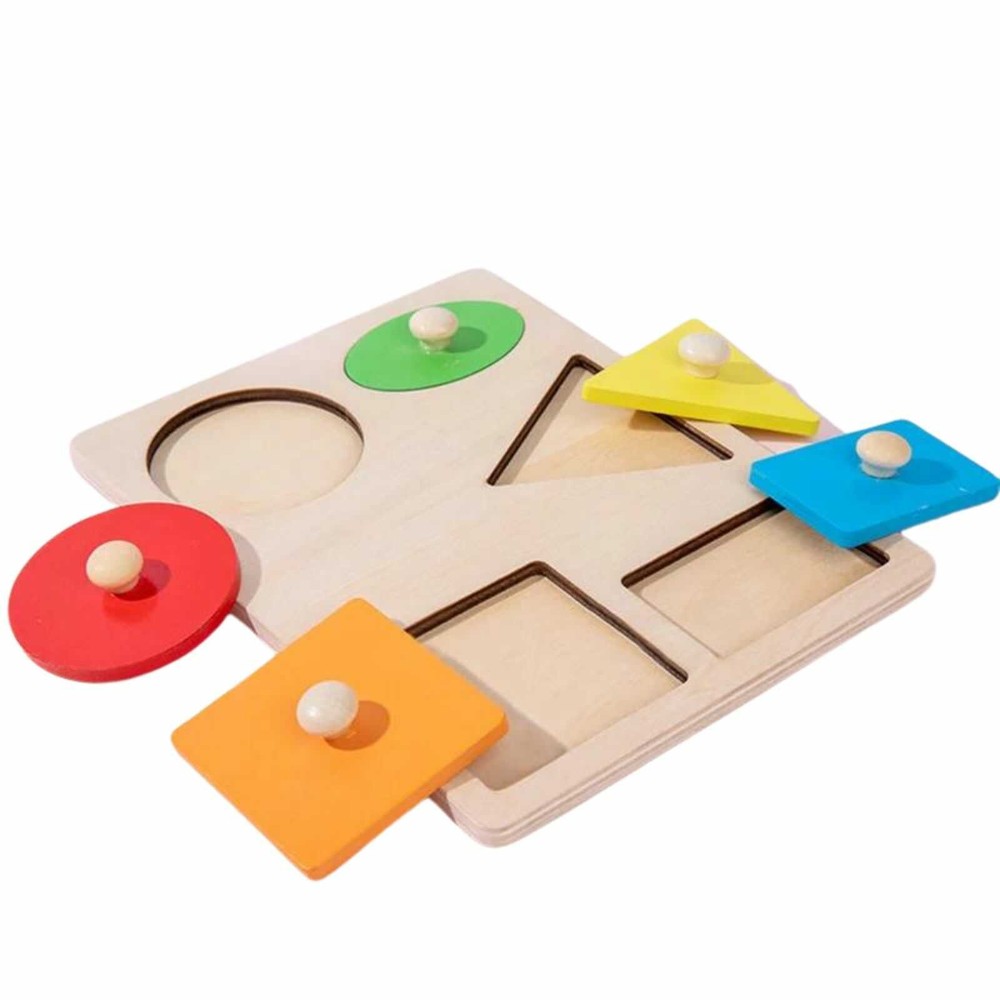 Puzzle lemn Montessori cu mâner, 5 forme geometrice, încastru, 20 x 15 cm 2