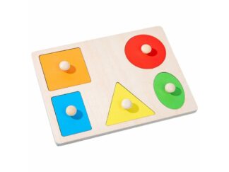 Puzzle lemn Montessori cu mâner, 5 forme geometrice, încastru, 20 x 15 cm