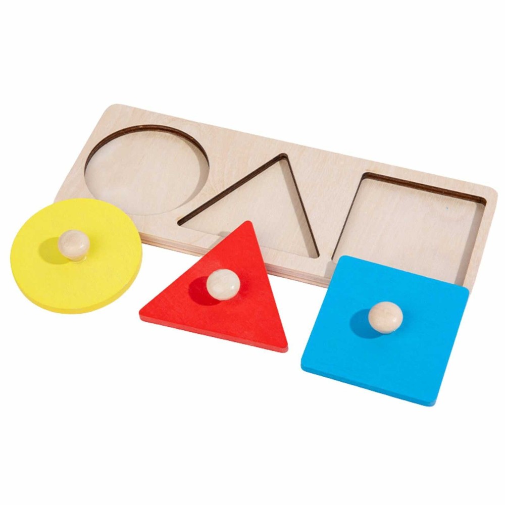 Puzzle lemn Montessori, încastru, 3 forme geometrice, cu mâner, 20 x 8 cm 2