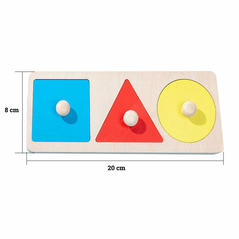 Puzzle lemn Montessori, încastru, 3 forme geometrice, cu mâner, 20 x 8 cm 3