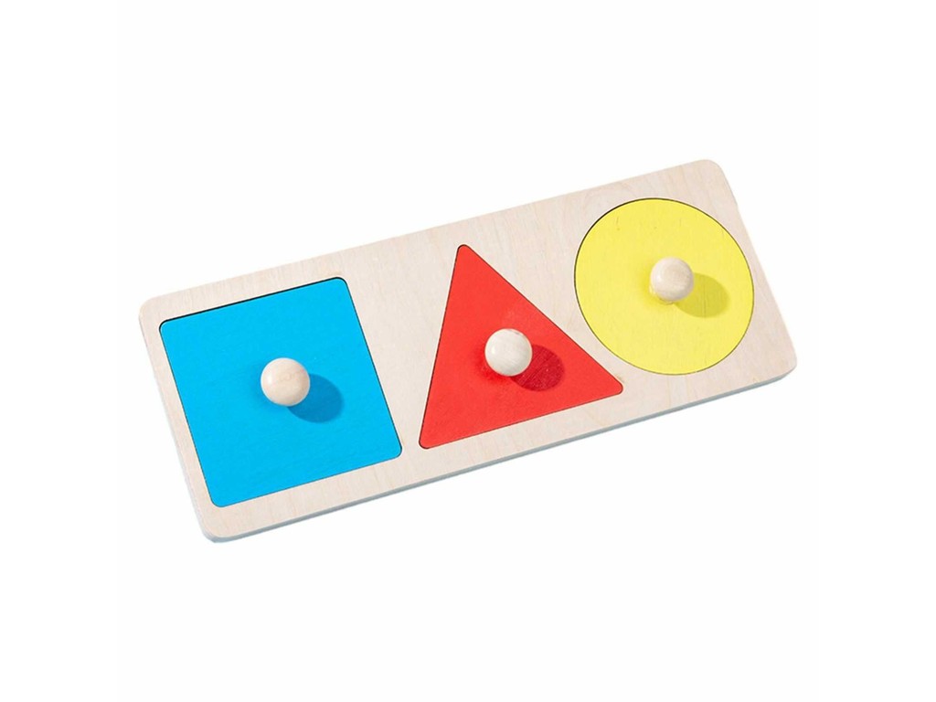 Puzzle lemn Montessori, încastru, 3 forme geometrice, cu mâner, 20 x 8 cm