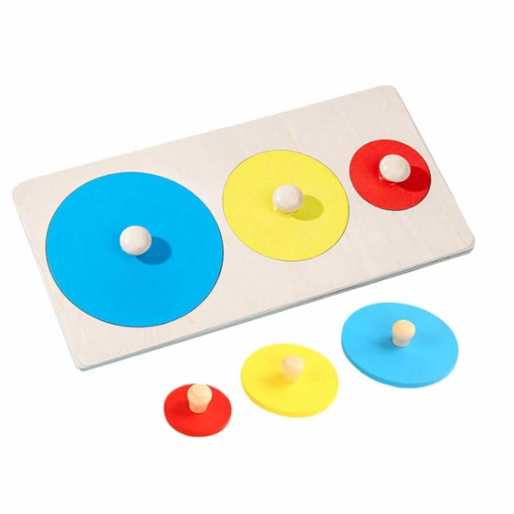 Puzzle lemn Montessori, încastru, forme geometrice, 3 cercuri, cu mâner, 20 x 10 cm 2