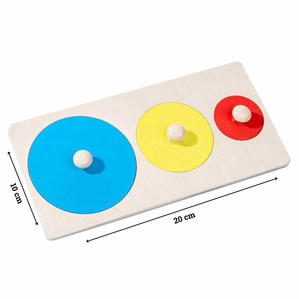 Puzzle lemn Montessori, încastru, forme geometrice, 3 cercuri, cu mâner, 20 x 10 cm 3