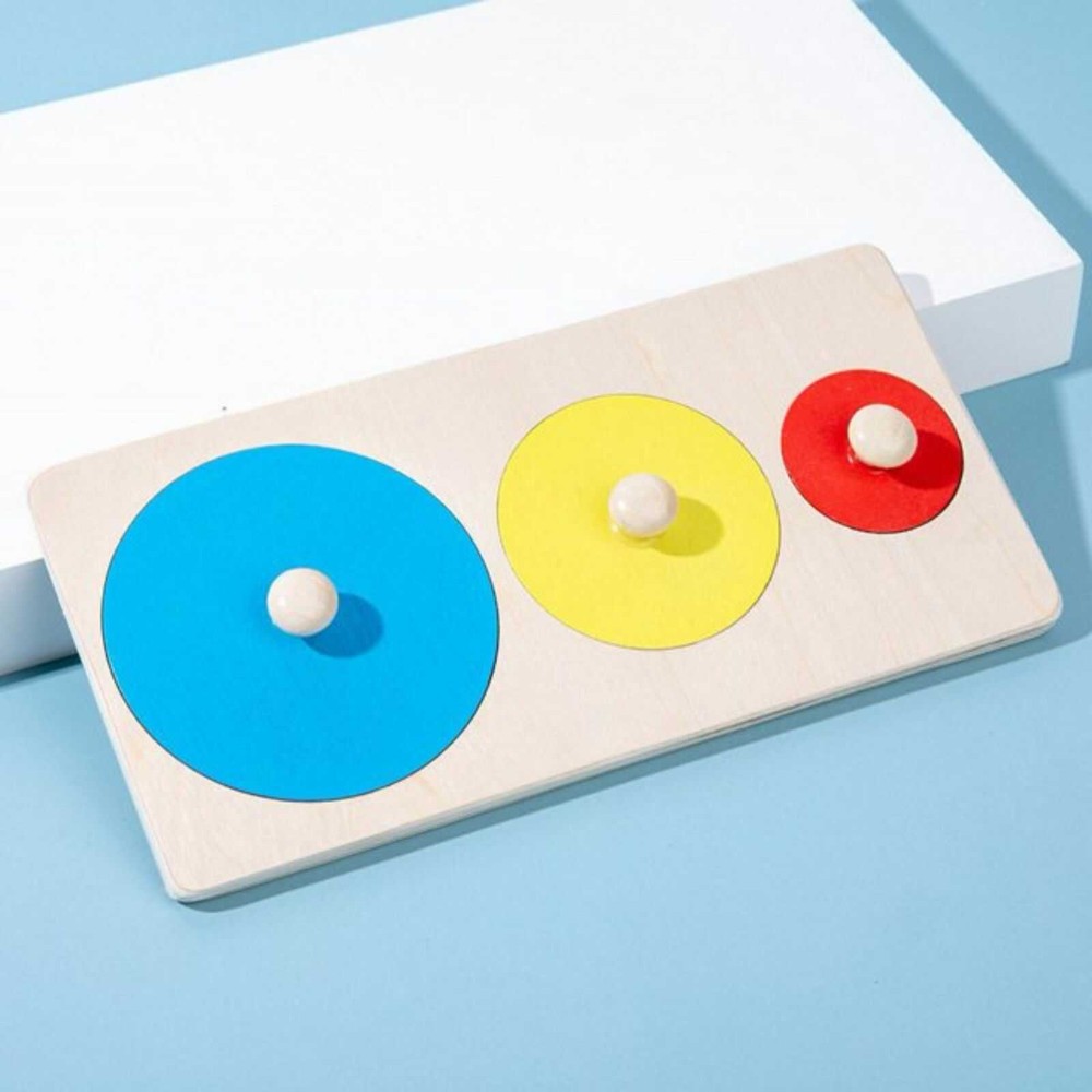 Puzzle lemn Montessori, încastru, forme geometrice, 3 cercuri, cu mâner, 20 x 10 cm 4