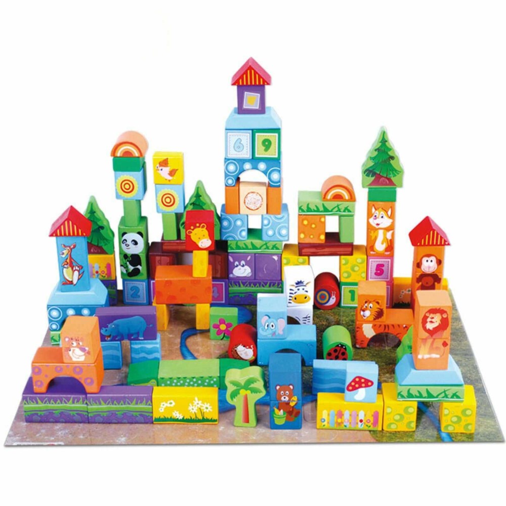 Set 100 cuburi construcție din lemn, Cute Animals, Beilaluna Toys, Animale 2