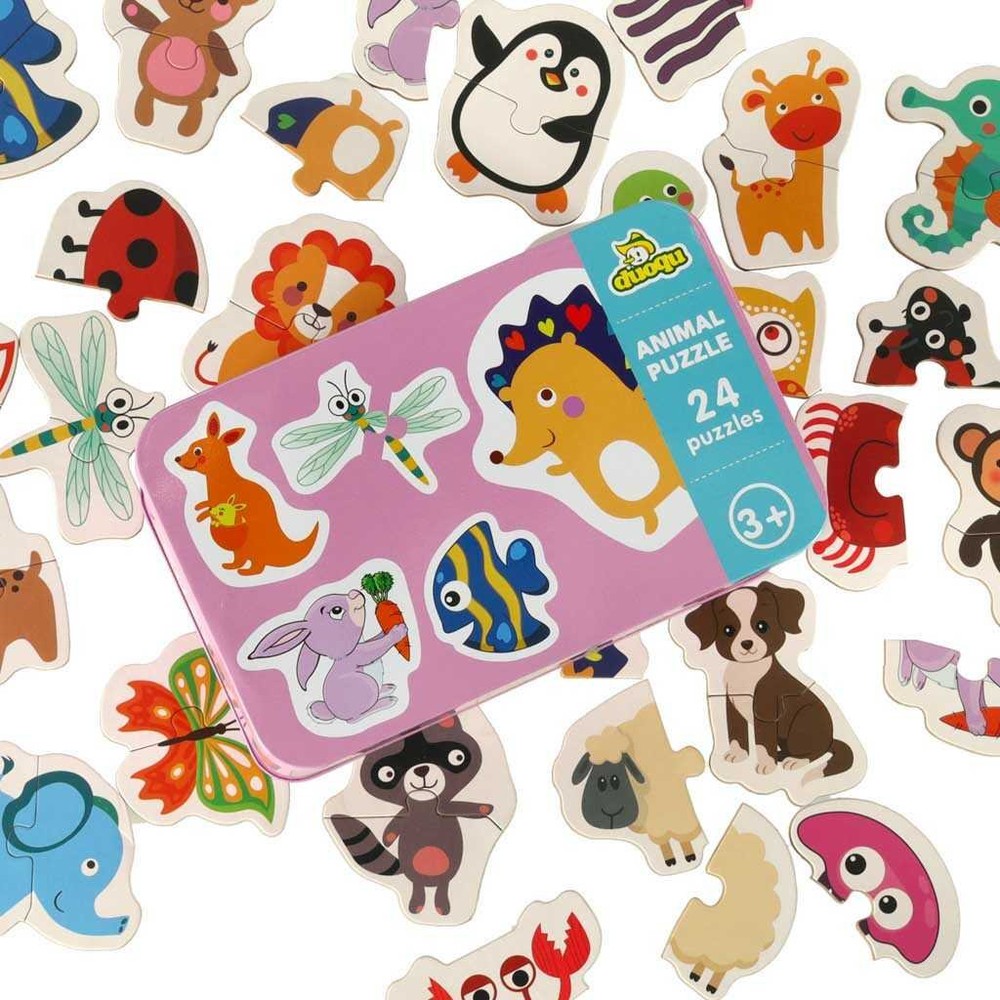 Set 24 Puzzle-uri Educative cu Animale și Insecte, Cutie Depozitare Metalică, 6.5 x 5.5 cm, 3 ani+ 2