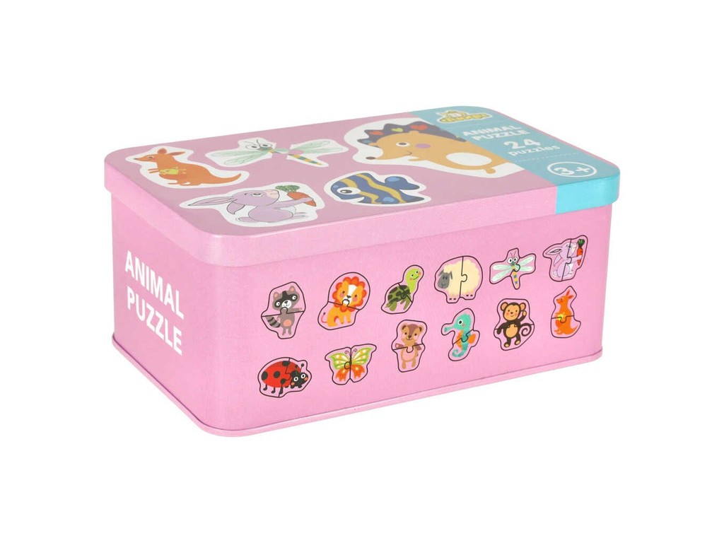 Set 24 Puzzle-uri Educative cu Animale și Insecte, Cutie Depozitare Metalică, 6.5 x 5.5 cm, 3 ani+