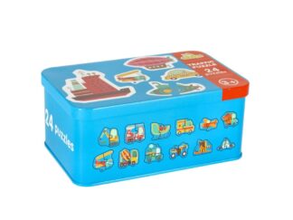 Set 24 Puzzle-uri Educative cu Mijloace de Transport, Cutie Depozitare Metalică, 5.5 x 6 cm, 3 ani+